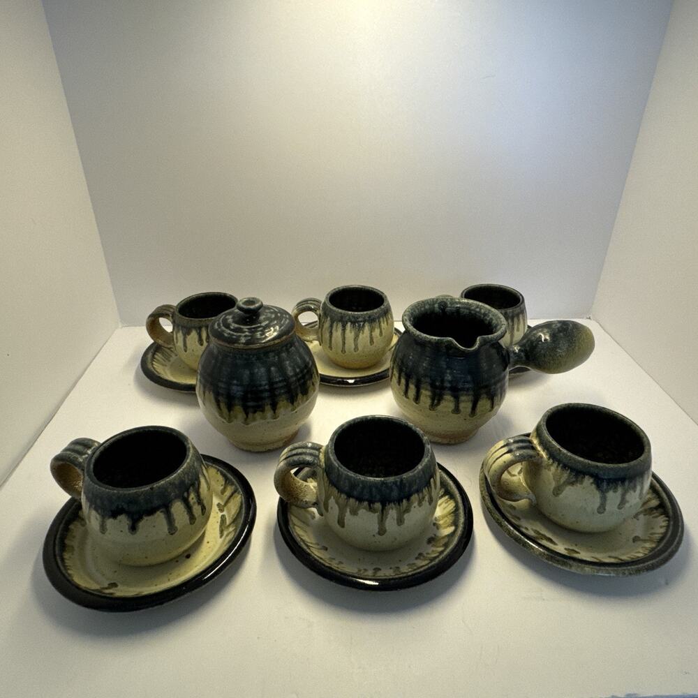 Vintage Studio Art Pottery Espresso Set Drip Glaze Stoneware Cup Saucers Creamer